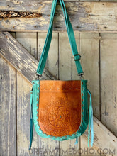 Load image into Gallery viewer, Mandala Leather Hand Tooled Crossbody Boho Bag-Crossbody Handbag-Dreamtime Boho-Turquoise-Dreamtime Boho
