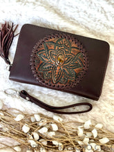 Load image into Gallery viewer, Lotus Leather Boho Wallet Purse Hand Tooled-Leather Wallet-Dreamtime Boho-Dark chocolate Brown-Dreamtime Boho