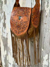 Load image into Gallery viewer, Hand Tooled Suede Leather Fringe Bag with Gemstone - Lucky Soul Bag-Apparel & Accessories-Dreamtime Boho -Dreamtime Boho