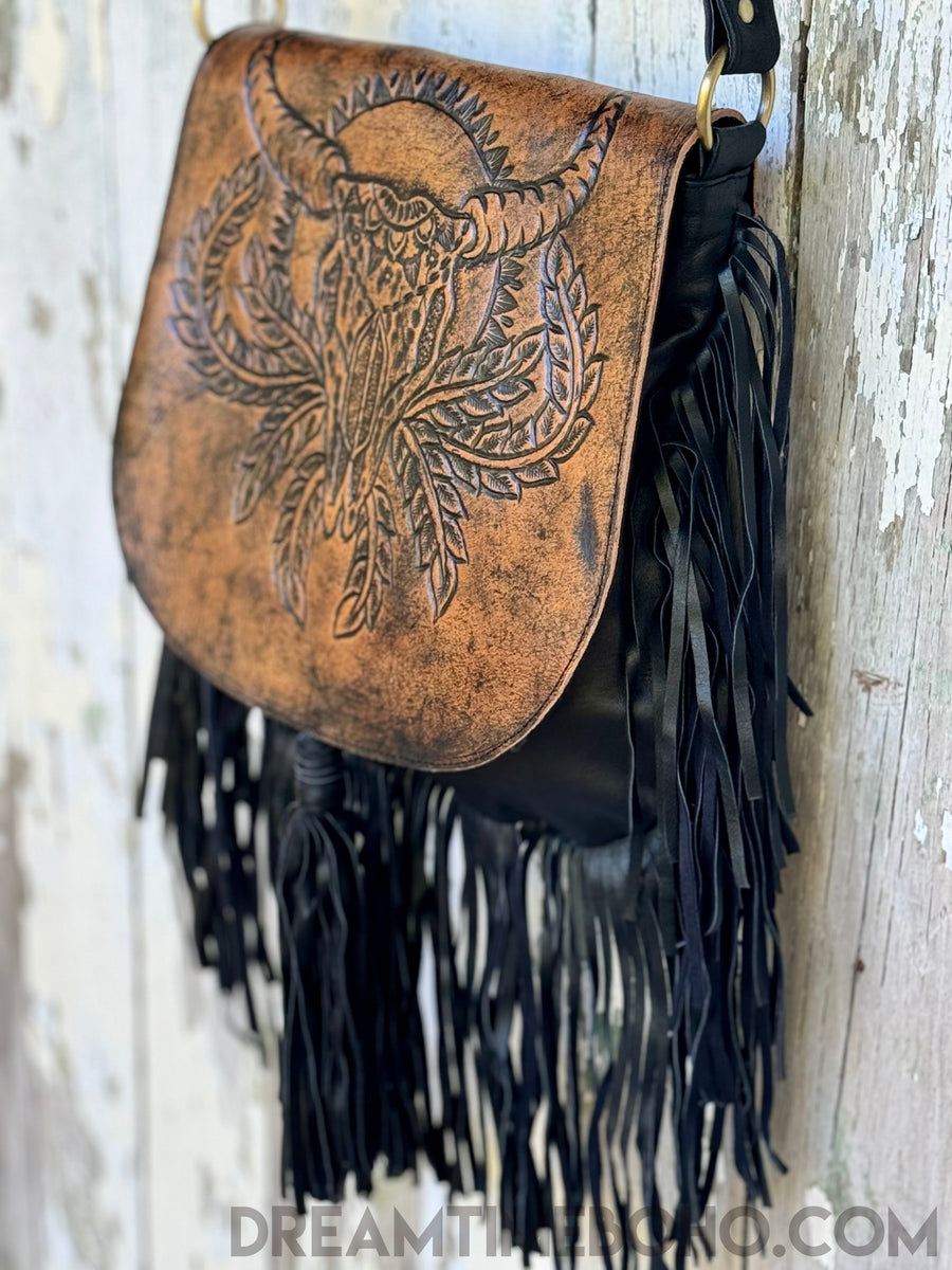 Handmade tooled embossed leather pouch fringed beaded deals western bikercore