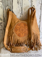 Load image into Gallery viewer, Convertible Leather Mandala Backpack/Crossbody Fringed Leather Boho Bag-Boho Handbags-Dreamtime Boho-Tan-Dreamtime Boho