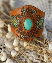 Load image into Gallery viewer, Hand Painted Leather Cuff with Gemstone Centrepiece-Apparel & Accessories-Dreamtime Boho-Turquoise-Dreamtime Boho