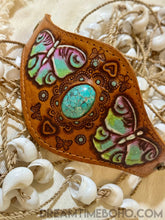 Load image into Gallery viewer, Hand Painted Leather Cuff with Gemstone Centrepiece-Apparel & Accessories-Dreamtime Boho-Tuquoise Butterfly-Dreamtime Boho