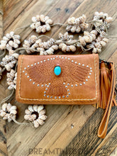Load image into Gallery viewer, Hand Tooled Thunderbird Leather Purse Wallet with Turquoise Stone-Leather Wallet Purse-Dreamtime Boho-Brown-Dreamtime Boho