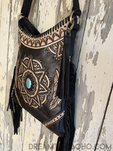 Load image into Gallery viewer, Hand Tooled Mandala Feather Cross Body Leather Boho Bag-Apparel &amp; Accessories-Dreamtime Boho -Black-Dreamtime Boho
