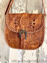 Load image into Gallery viewer, Hand Tooled Rustic Rose Leather Crossbody Saddle Boho Bag-Handbags, Wallets & Cases-Dreamtime Boho-Natural-Dreamtime Boho