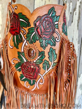 Load image into Gallery viewer, Hand Painted Wild Rose Fringe Leather Boho Bag-Crossbody Bag-Dreamtime Boho-Dreamtime Boho