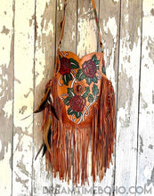 Load image into Gallery viewer, Hand Painted Wild Rose Fringe Leather Boho Bag-Crossbody Bag-Dreamtime Boho-Dreamtime Boho