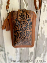 Load image into Gallery viewer, Festival Phone Bag Handtooled Leather-Leather Wallet-Dreamtime Boho -Brown festival bag-Dreamtime Boho