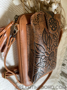 Festival Phone Bag Handtooled Leather-Leather Wallet-Dreamtime Boho -Beige festival bag-Dreamtime Boho