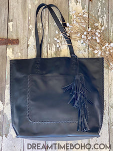 Large Leather Tote Bag Lakisha Boho Bag-Tote Bags-Dreamtime Boho -Black-Dreamtime Boho