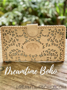 Hand Tooled Leather Lotus Boho Clutch Purse Wallet-Clutch/Purse-Dreamtime Boho-Beige-Dreamtime Boho