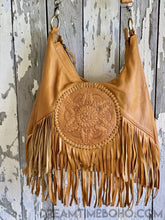 Load image into Gallery viewer, Convertible Leather Mandala Backpack/Crossbody Fringed Leather Boho Bag-Boho Handbags-Dreamtime Boho-Tan-Dreamtime Boho