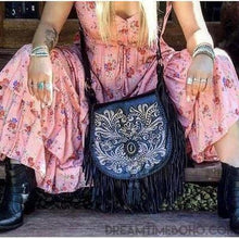 Load image into Gallery viewer, Shaylee Hand Carved Fringe Leather Boho Bag-Handbags, Wallets & Cases-Dreamtime Boho-Black Stone-Dreamtime Boho
