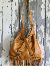 Load image into Gallery viewer, Convertible Leather Mandala Backpack/Crossbody Fringed Leather Boho Bag-Boho Handbags-Dreamtime Boho-Tan-Dreamtime Boho
