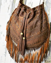 Load image into Gallery viewer, Handmade Gypsy Dream Drawstring Fringed Leather Boho Bag-Crossbody Handbag-Dreamtime Boho-Antique Brown-Dreamtime Boho