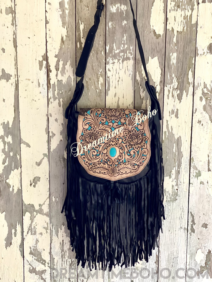 Hand Tooled Tan Raven Fringed Leather Boho Bag – Dreamtime Boho