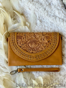 Tooled Leather Boho Wallet Purse Clutch-Leather Wallet-Dreamtime Boho-Tan-Dreamtime Boho