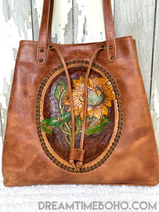 Luxe Handtooled Sunflower Leather Shoulder Tote Bag-Leather Shoulder Bag-Dreamtime Boho-Dreamtime Boho