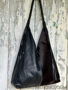 Black Leather Shoulder Bag with Luxe Hide Panel-Leather Handbag-Dreamtime Boho-Dreamtime Boho