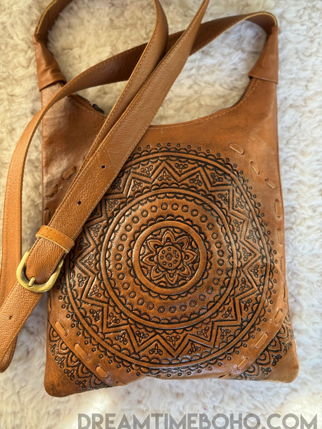 Mandala Hand-Tooled Leather Crossbody Bag-Handbags, Wallets & Cases-Dreamtime Boho -Brown-Dreamtime Boho