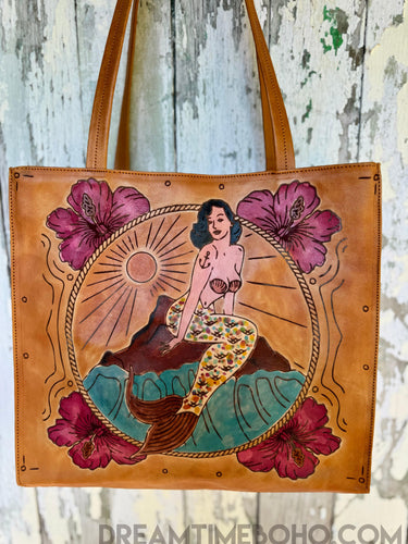 Hand Tooled-Painted Mermaid Leather Tote Bag-Handbags, Wallets & Cases-Dreamtime Boho -Dreamtime Boho