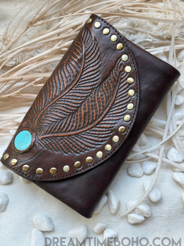 Hand Tooled Feather Turquoise Leather Wallet Purse-Apparel & Accessories-Dreamtime Boho -Dreamtime Boho