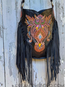 Boho Owl Magic Hand Tooled Leather Fringe Bag-Handbags, Wallets & Cases-Dreamtime Boho -Dreamtime Boho