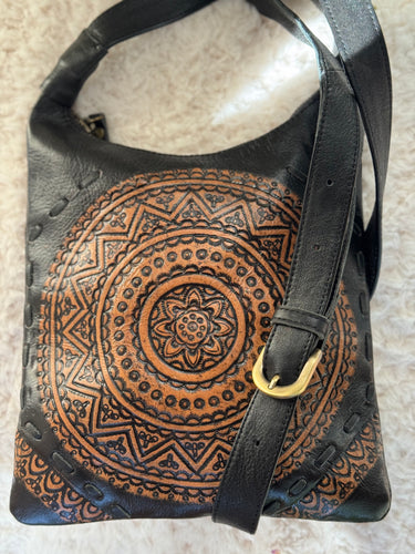 Mandala Hand Tooled Leather Crossbody Bag Black-Handbags, Wallets & Cases-Dreamtime Boho -Black-Dreamtime Boho