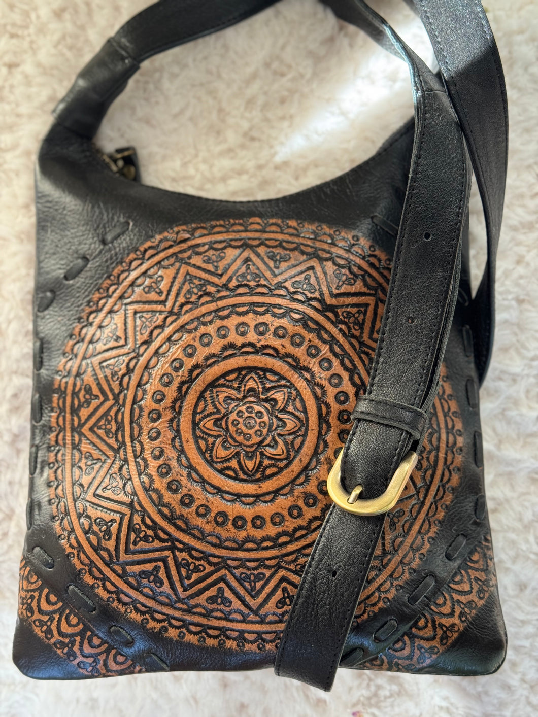 Mandala Hand Tooled Leather Crossbody Bag Black-Handbags, Wallets & Cases-Dreamtime Boho -Black-Dreamtime Boho