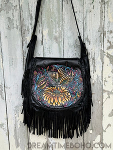 Hand Tooled Butterfly Dream Fringe Leather Boho Bag-Boho Fringe Bag-Dreamtime Boho-Dreamtime Boho