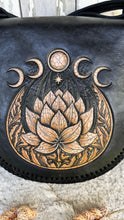 Load image into Gallery viewer, Celestial Lotus Hand Tooled Leather Crossbody Boho Bag