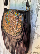 Load image into Gallery viewer, Night Guardian Hand Tooled Owl Leather Fringe Crossbody Bag – Hand Painted Boho Artisan Bag-Handbags, Wallets &amp; Cases-Dreamtime Boho -Dreamtime Boho