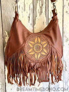 Convertible Leather Mandala Backpack/Crossbody Fringed Leather Boho Bag-Boho Handbags-Dreamtime Boho-Tan-Dreamtime Boho