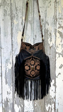 Load image into Gallery viewer, Desert Bloom Hand Tooled Leather Fringe Crossbody Bag – Black