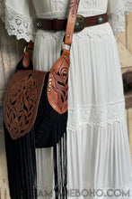 Load image into Gallery viewer, Black Leather Suede Handtooled Fringe Boho Bag - Shakira-Boho Fringe Bag-Dreamtime Boho-Dreamtime Boho