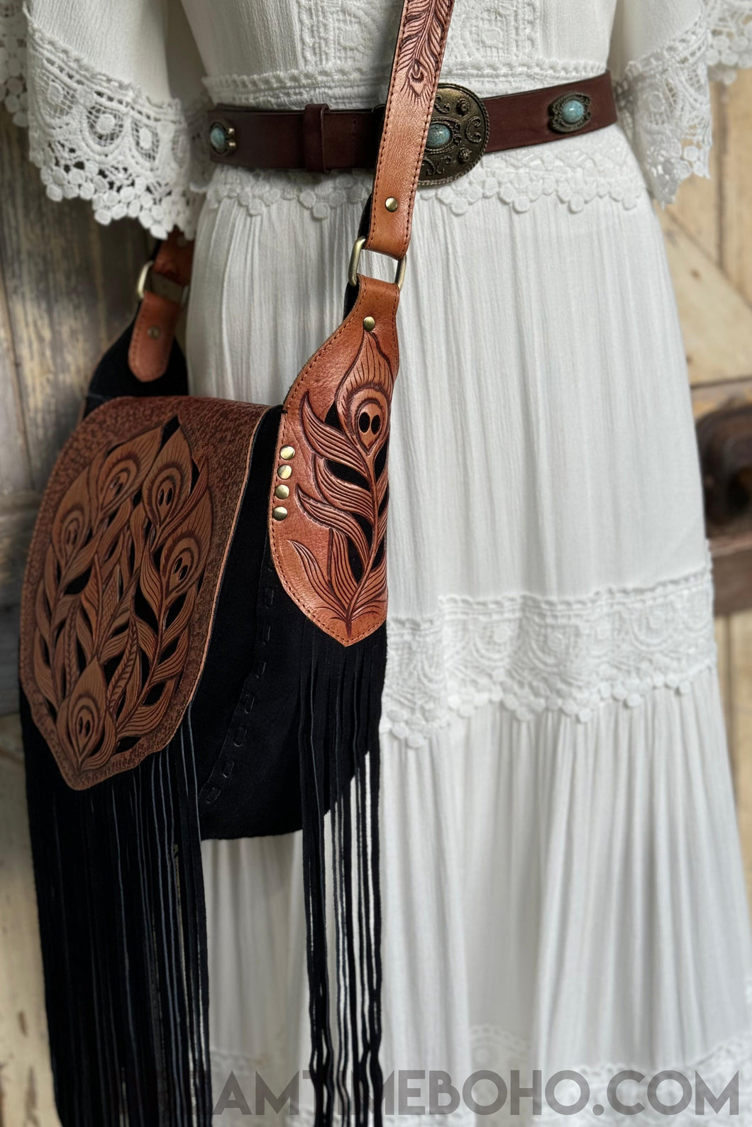 Black Leather Suede Handtooled Fringe Boho Bag - Shakira-Boho Fringe Bag-Dreamtime Boho-Dreamtime Boho