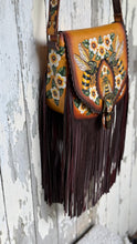 Load image into Gallery viewer, Bee Story Luxe Fringe Leather Crossbody Bag – Hand Painted Floral Bee Boho Bag