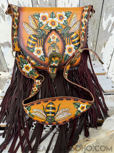Leather Fringe Boho Bag Handmade Bee Story-Crossbody Bag-Dreamtime Boho -Dreamtime Boho