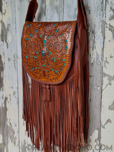 Hand Tooled Gypsy Cove Leather Crossbody Boho Bag-Fringed Bag-Dreamtime Boho-Dreamtime Boho