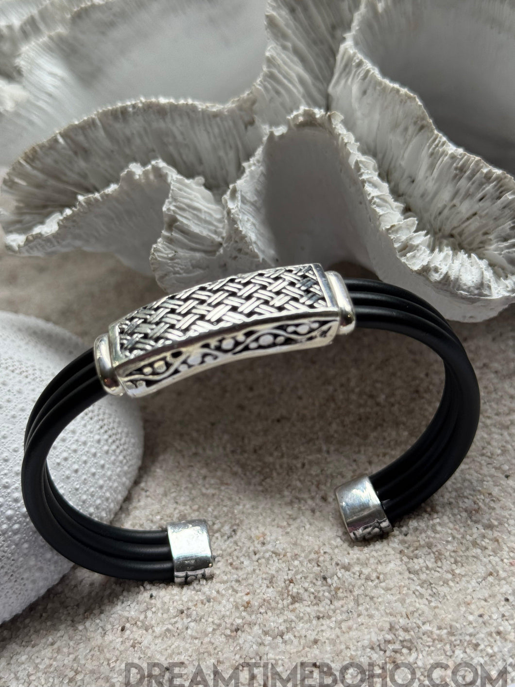 Woven Pathways Cuff – Sterling Silver Rubber Mens Cuff Bracelet-Apparel & Accessories-Dreamtime Boho -Dreamtime Boho