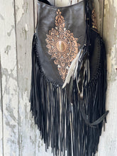 Load image into Gallery viewer, Hand Tooled Sahara Leather Crossbody Fringe Boho Bag - Black