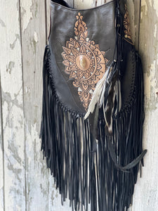 Hand Tooled Sahara Leather Crossbody Fringe Boho Bag - Black
