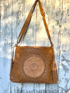 Tooled Leather Crossbody Mandala Boho Bag-Crossbody Bag-Dreamtime Boho-Light Tan-Dreamtime Boho