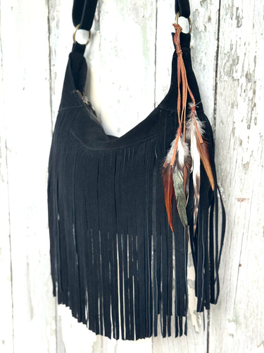 Black Feather Fringe Suede Boho Bag