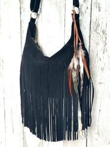 Black Feather Fringe Suede Boho Bag