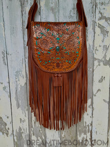 Hand Tooled Gypsy Cove Leather Crossbody Boho Bag-Fringed Bag-Dreamtime Boho-Dreamtime Boho