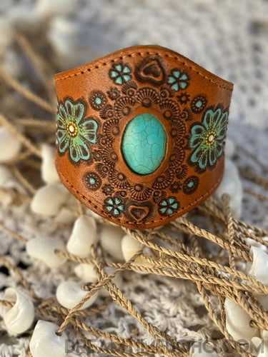 Hand Painted Leather Cuff with Turquoise Centrepiece-Apparel & Accessories-Dreamtime Boho-Dreamtime Boho