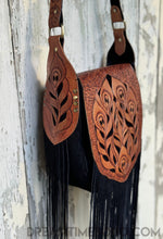 Load image into Gallery viewer, Black Leather Suede Handtooled Fringe Boho Bag - Shakira-Boho Fringe Bag-Dreamtime Boho-Dreamtime Boho