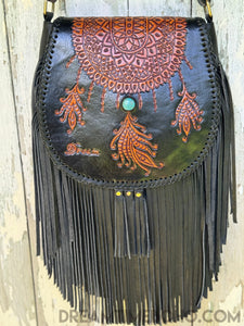 Hand Tooled Dreamcatcher Fringe Leather Boho Bag-Leather Crossbody Bag-Dreamtime Boho-Tan-Dreamtime Boho